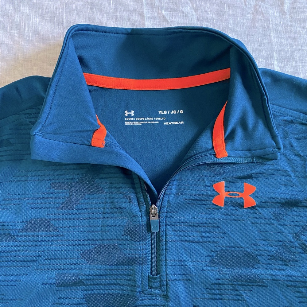 Under Armour boys large 1/4 zip pullover, teal with orange trim, never worn.